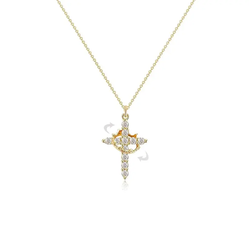 Outdoorfun Gold Plated Crucifix Necklace with Sparkling Zirconia, Simple Crown & Cross Pendant for Women, Trendy All-Match Exquisite Costume Jewelry for Daily/Party Wear, Ideal Gift