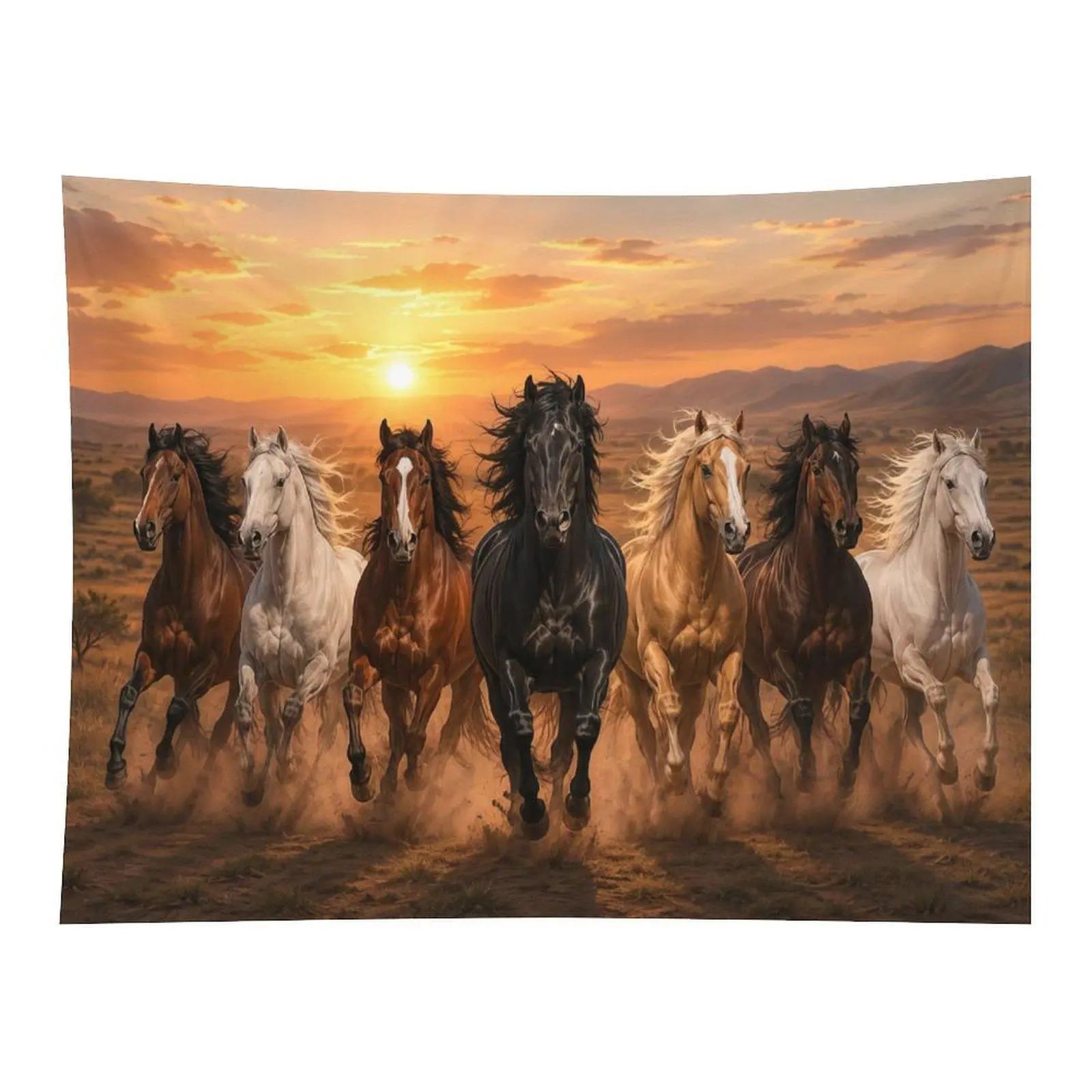 Sunset Prairie Seven Running Wild Horses Western Wall Tapestry Wall Hanging, Rustic Country Orange Sky Equine Art Decor for Cowboy Farmhouse Living Room Bedroom Ornament