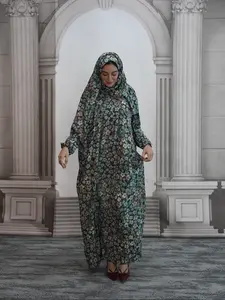 Women's Ditsy Floral Print Contrast Lace Prayer Dress with Integrated Hijab, Elegant Batwing Sleeve Kaftan for Daily Wear, Ladies Islamic Clothing for All Seasons