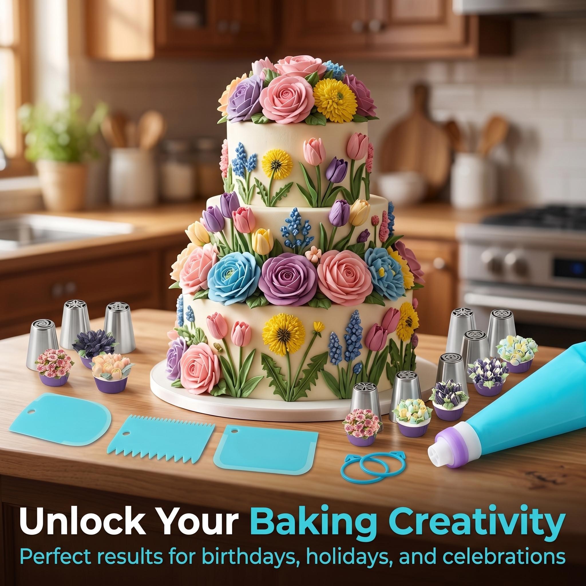 17 Pcs Cake Decorating Supplies Kit with Stainless Steel Icing Tips, Reusable Silicone Piping Bags, Scrapers & Couplers - Baking Tools for Cakes, Cupcakes & Cookies