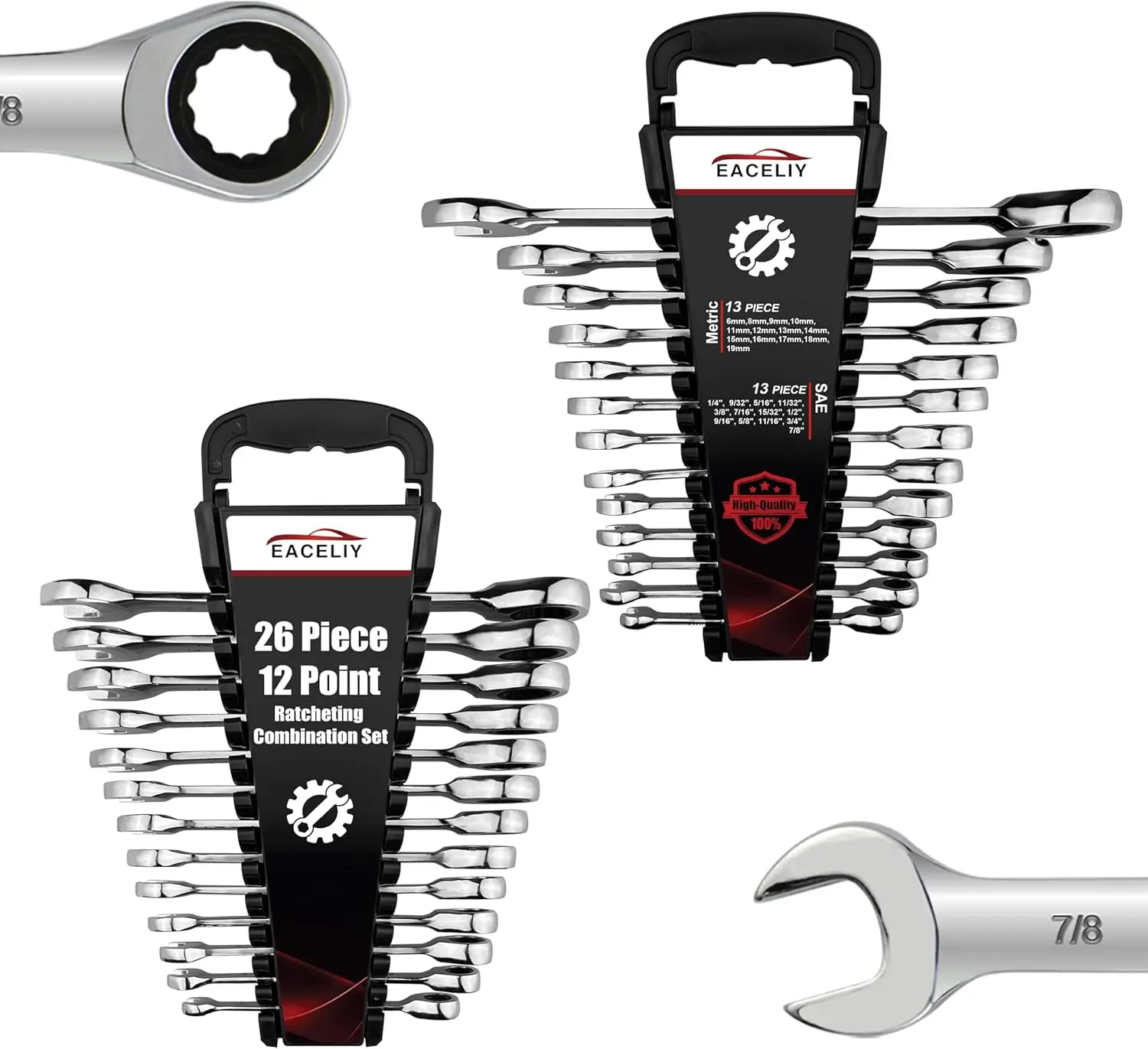 EACELIY 26-Piece Original Metric and SAE Ratcheting Wrench Set | 1/4” to 7/8“ & 6-19mm | Ratchet Combination Wrenches Set with Organizer | 72-Teeth |