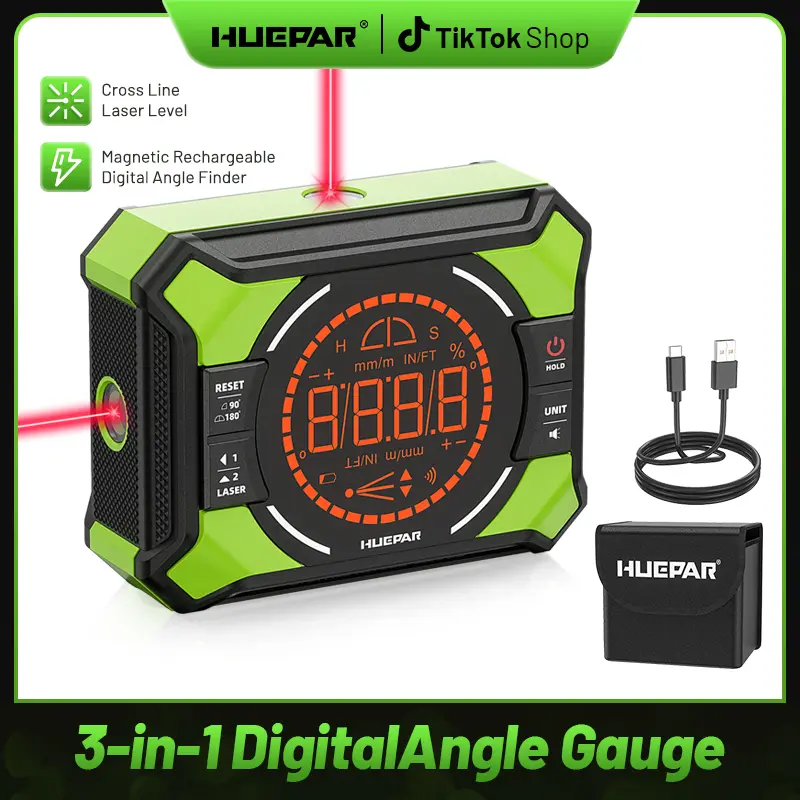 Huepar 3-in-1 Compact Digital Angle Gauge & Cross Laser Line Tool - Rechargeable Magnetic 0-90°/180° Angle Finder with Carry Bag, Hardware Measuring Tool for Woodworking, DIY Home Projects