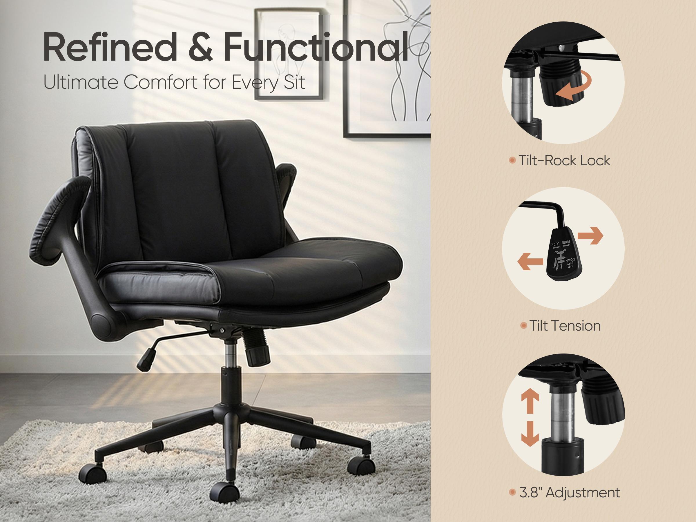 WELAX Criss Cross Office Chair with Flip-Up Armrests, Cross Legged Desk Chair on Wheels, Comfy Ergonomic Swivel Chair with Wide Seat for Home Office, Vanity, Accent, Black Leather