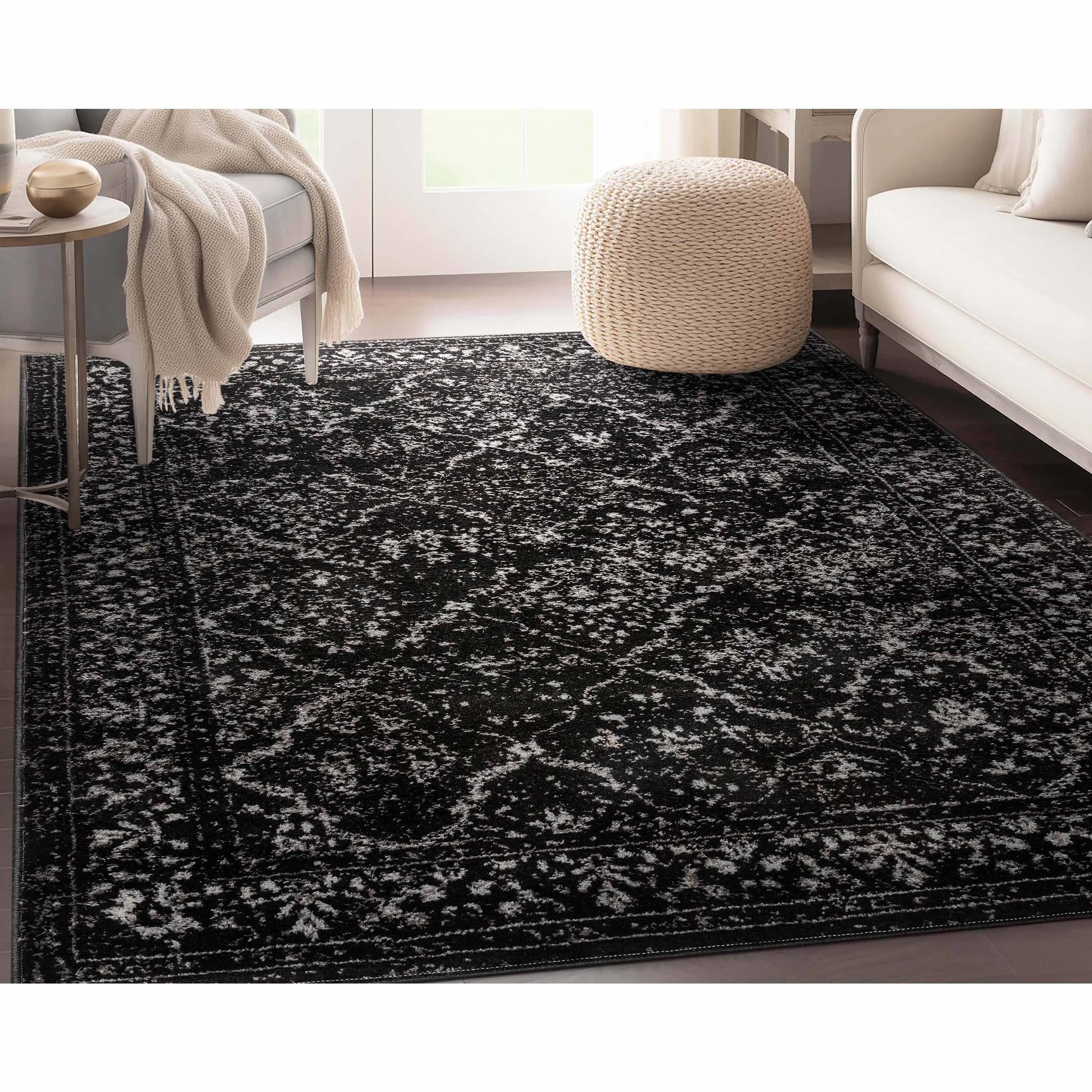 Argos Modern Vintage Lattice Black Rug - Contemporary Geometric Pattern, Durable Area Rug for Living Room, Bedroom, and Hallway