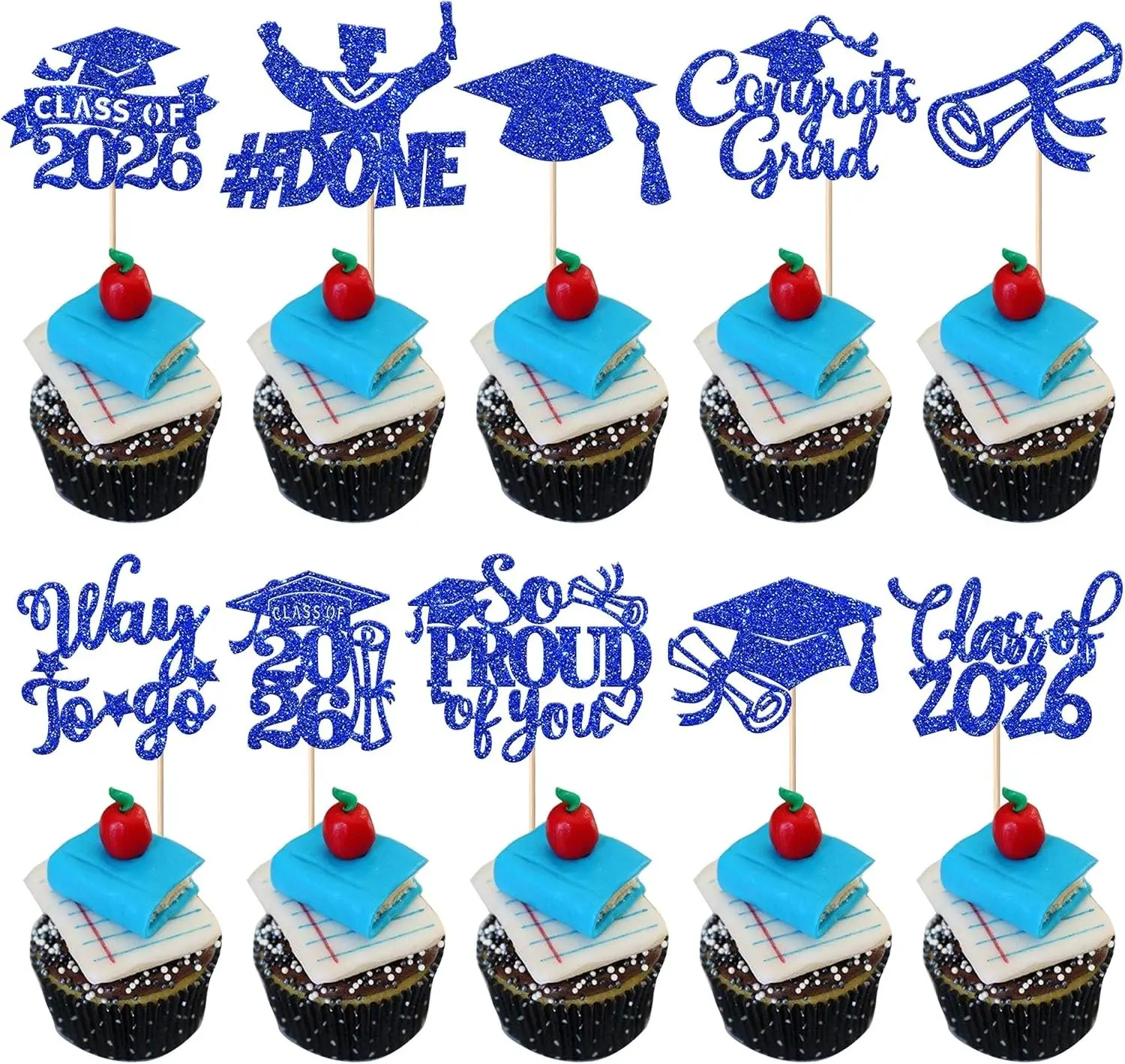 30 Pack Congrats 2026 Graduation Cupcake Toppers Glitter Grad Cap Diploma Senior Cake Pick for School Graduation Theme Party Cupcake Decoration Supplies Blue