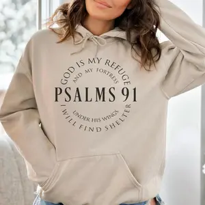 Stylish Psalm Women's Graphic Hoodie - Soft 100% Polyester Knit Fabric, Cozy Hooded Pullover With Convenient Pocket, Vibrant Religious Alphabet Print Design, Perfect For Spring, Summer, And Fall Seasons