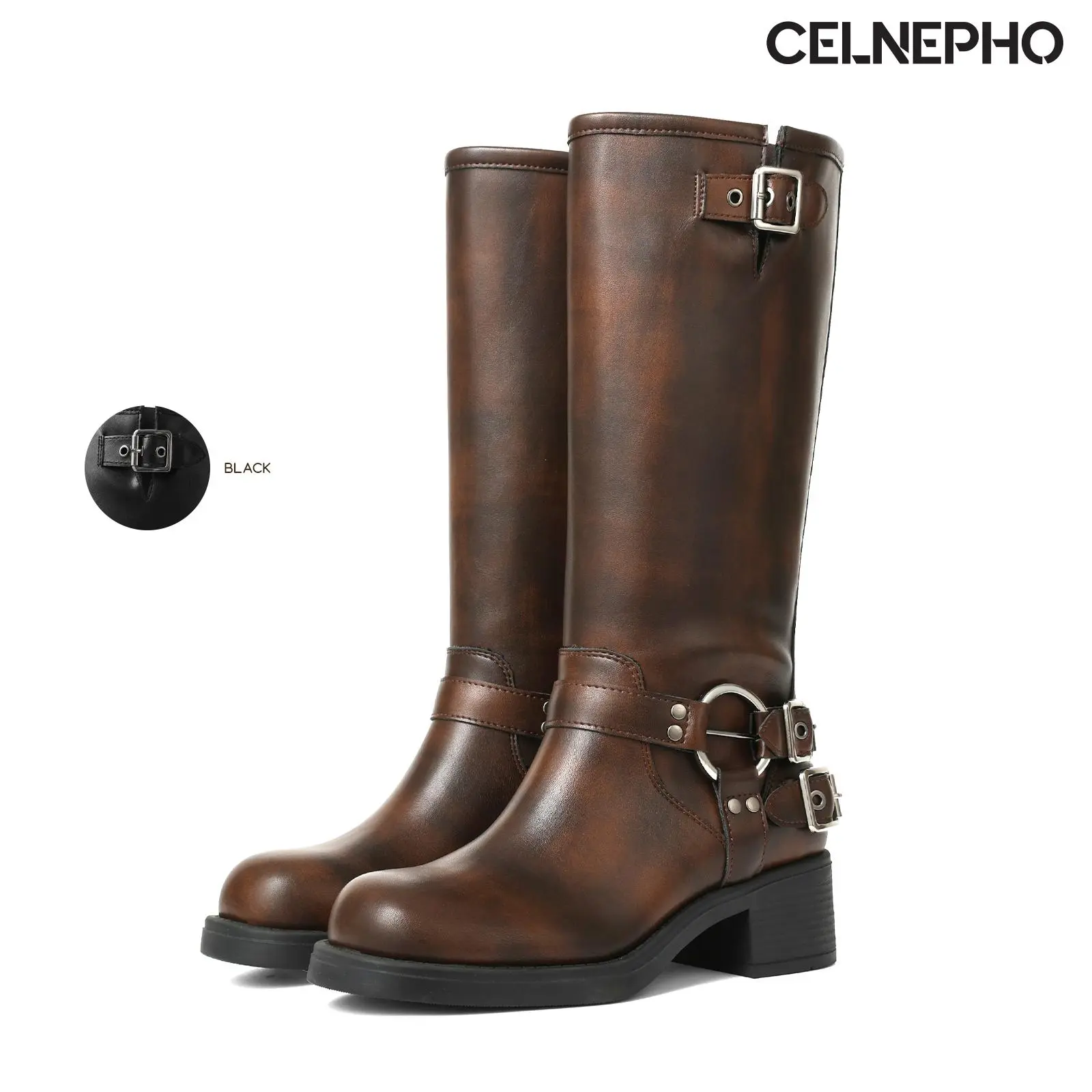 CELNEPHO Combat Boots for Women Motorcycle Knee High Boot Round Toe Chunky Block Heel Metal Buckle Design Easy Pull on Fall Fashion Long Tall Punk Vintage Riding Rocky Date Party Casual Outdoor Events Streetwear Trendy Dressy Shoes