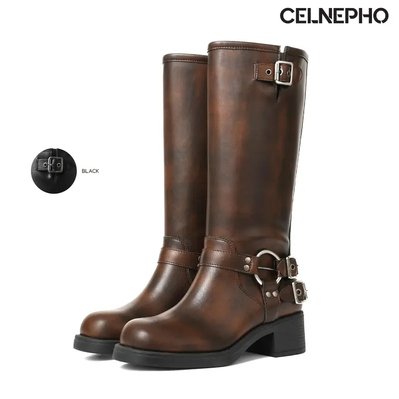 CELNEPHO Combat Boots for Women Motorcycle Knee High Boot Round Toe Chunky Block Heel Metal Buckle Design Easy Pull on Fall Fashion Long Tall Punk Vintage Riding Rocky Date Party Casual Outdoor Events Streetwear Trendy Dressy Shoes
