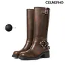 CELNEPHO Combat Boots for Women Motorcycle Knee High Boot Round Toe Chunky Block Heel Metal Buckle Design Easy Pull on Fall Fashion Long Tall Punk Vintage Riding Rocky Date Party Casual Outdoor Events Streetwear Trendy Dressy Shoes