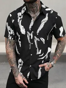 Men’s short-sleeve summer shirt with a traditional Chinese ink painting design, suitable for everyday commuting and casual wear, ideal for vacations, street style, and seaside outings.