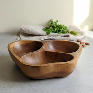 Solace Divided - Handcrafted 3-Section Wooden Serving Bowl – Organic Divided Snack & Appetizer Tray