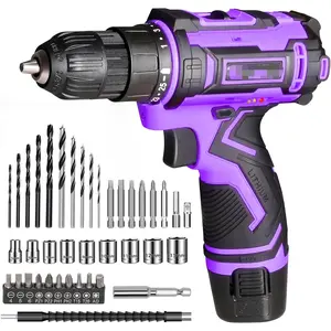 Purple 12V Cordless Drill,Electric Power Driver Kit,3/8-Inch Keyless Chuck, Variable Speed,with Drills Bits Set for Home DIY