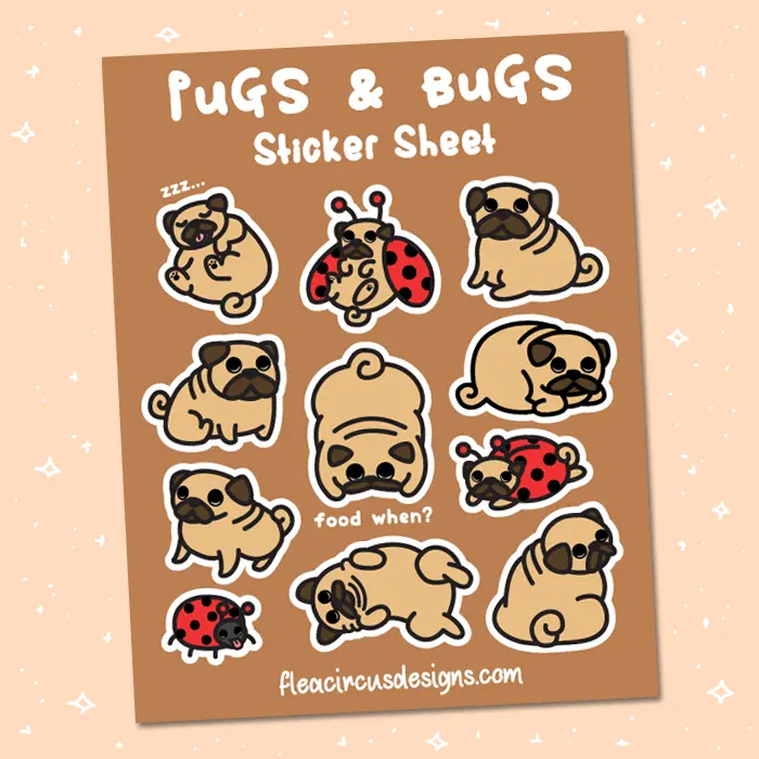 Pug Sticker Sheet - cute dogs and ladybugs kawaii adorable matte vinyl sticker sheet
