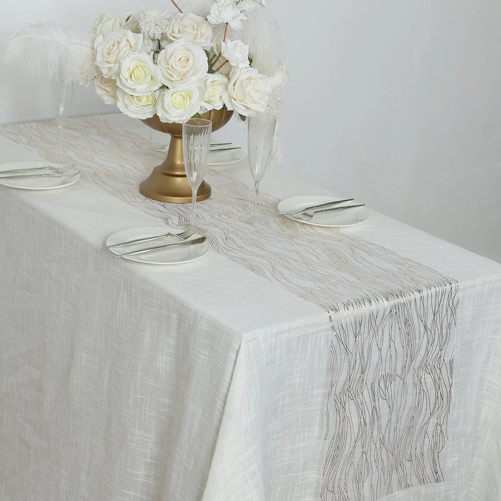 5-Pack Organza Table Runners (12in x 108in) White with Gold Foil Wave Design - Disposable Organza Cloth, Hand Wash Only, 5 Pieces for Wedding Party Table, Event Decor Tablescapes Accent