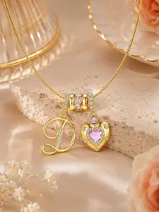 1 Pair A-Z Initial Charm Necklace for Women, Gold Tone Alphabet Pendant with Pink Heart Crystal Locket Charm, Personalized Snake Chain Necklace, Trendy Romantic Jewelry, Cute Girly Gift for Birthday, Valentine's Day, Anniversary, Everyday Wear
