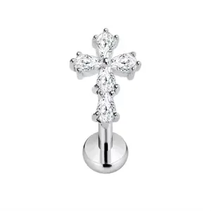Cross Titanium Flat Back Stud with Sparkling Zirconia Stones for Piercing Jewelry sold as a pair