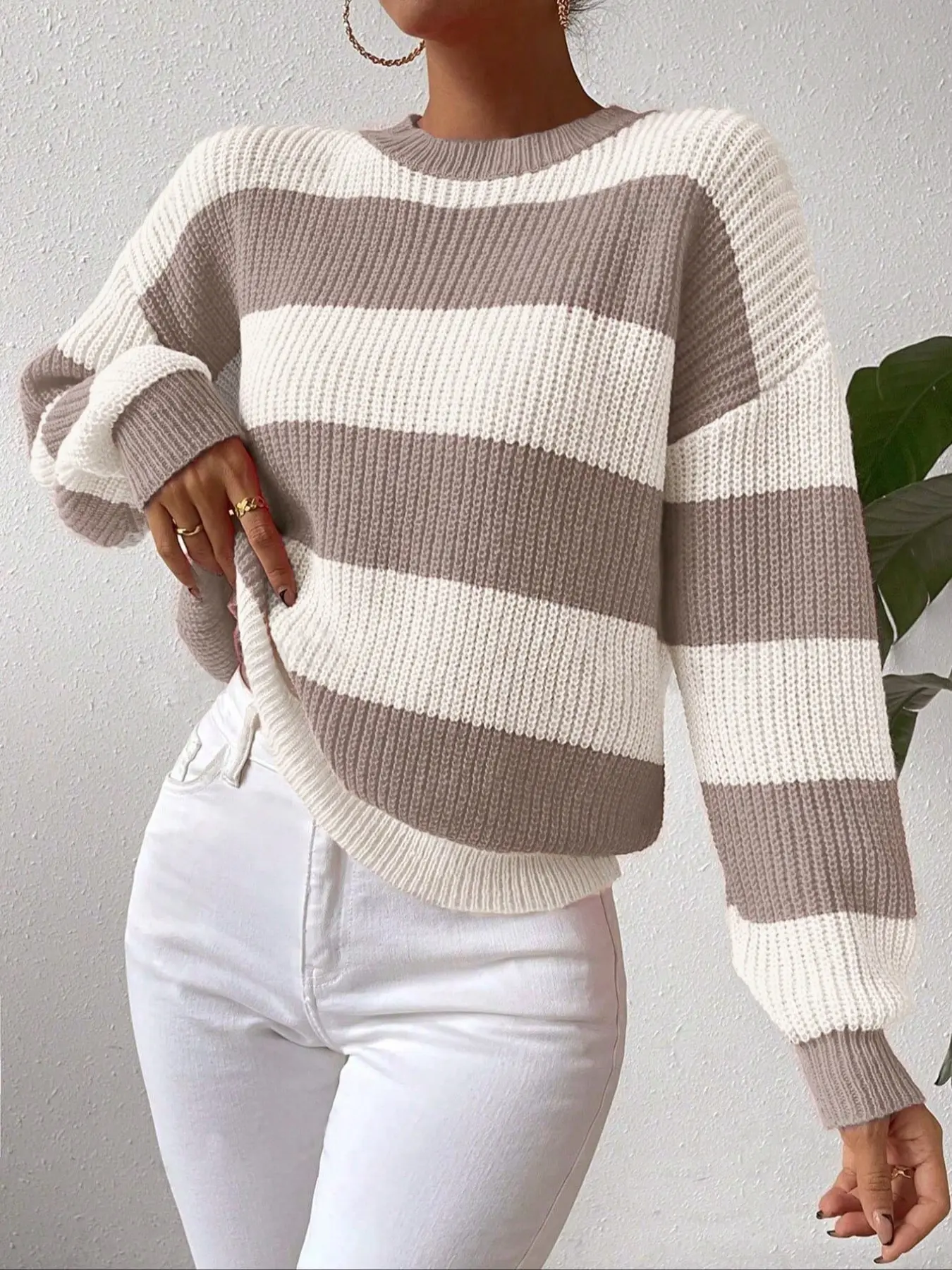 Women's Soft Thick Striped Colorblock Knit Sweater, Casual Loose-Fitting Oversize Baggy Long Sleeve Round Neck Knitwear, Fall Winter Fashion Pullover Tops, Womenswear Knitting, Lady