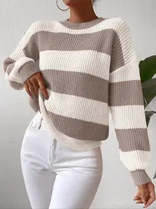 Women's Soft Striped Sweater, Casual Loose-Fitting Long Sleeve Round Neck Knitwear, Fall Winter Fashion Pullover Tops, Womenswear Knitting