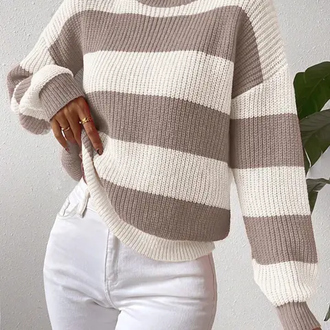 Women's Soft Thick Striped Sweater, Casual Loose-Fitting Long Sleeve Round Neck Knitwear, Fall & Winter Fashion Pullover, Chic Casual Jumper, Tops