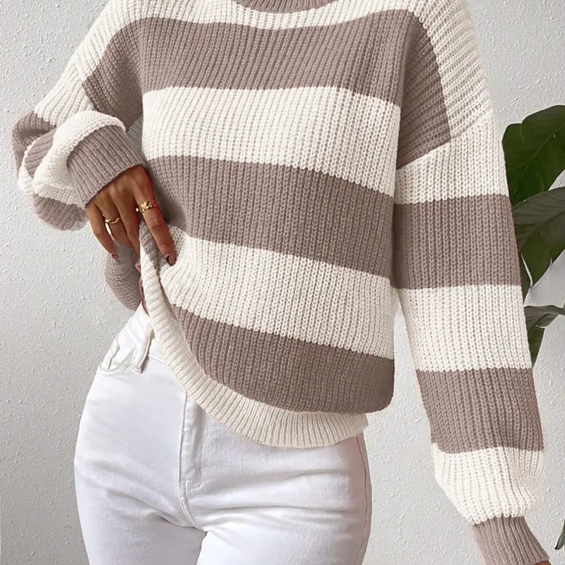 Women's Soft Thick Striped Sweater, Casual Loose-Fitting Long Sleeve Round Neck Knitwear, Fall & Winter Fashion Pullover, Chic Casual Jumper, Tops