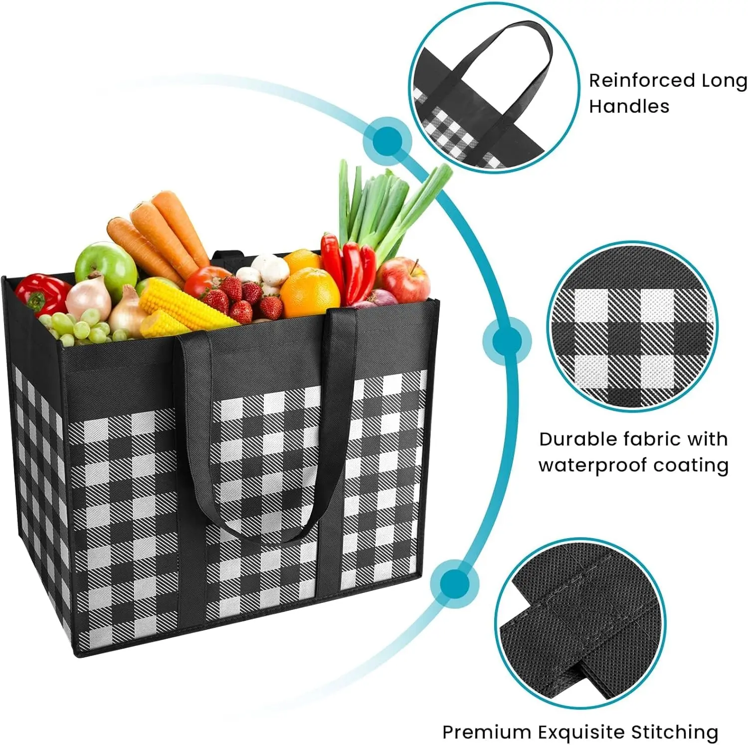Reusable Grocery Bags,4-Pack, Foldable Reusable Shopping Tote Bags bulk with Reinforced Handles,Large Storage Bags with Water Resistant Coating for Groceries,Multipurpose,Black-White