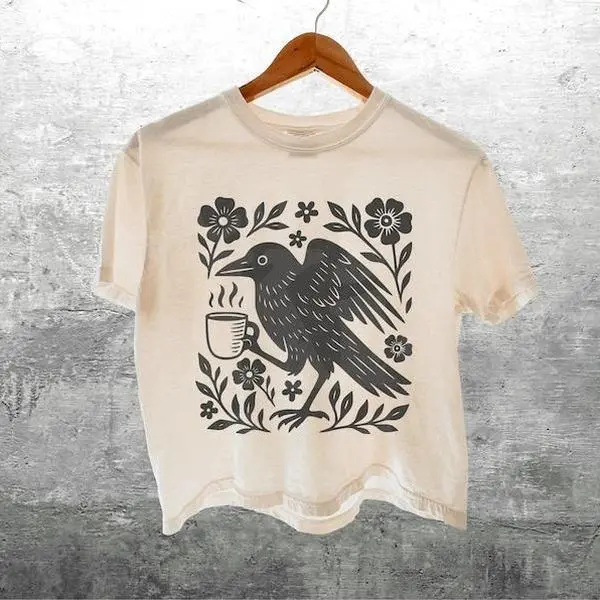 Boho Crow Coffee Comfort Colors Crop Tee Shirt, Boxy T-shirt, Womens, Unisex