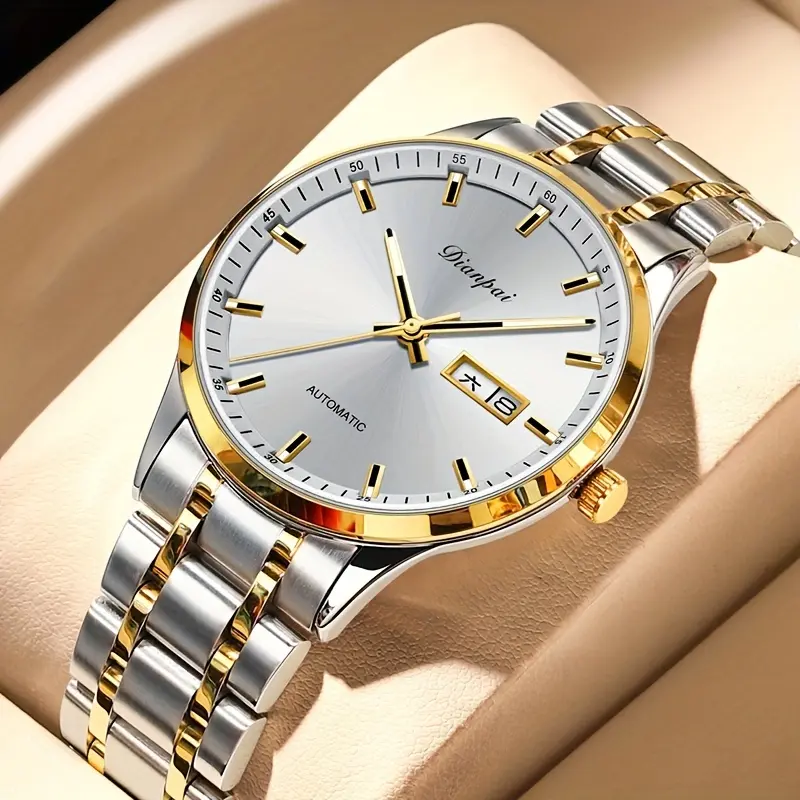 Dianpai Men's 42mm Stainless Steel Automatic Mechanical Analog Watch - Buckle Closure, Double Calendar, Night Light, Mineral Glass, <30M Water Resistant Round Metal Wristwatch