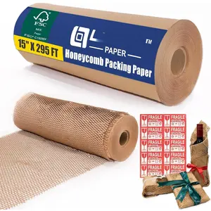 Honeycomb Packing Paper Roll 15" x 295 FT with Fragile Stickers-  Cushioning Wrap for Moving, Shipping &  Wrapping -  Recyclable, FSC Certified  Packaging