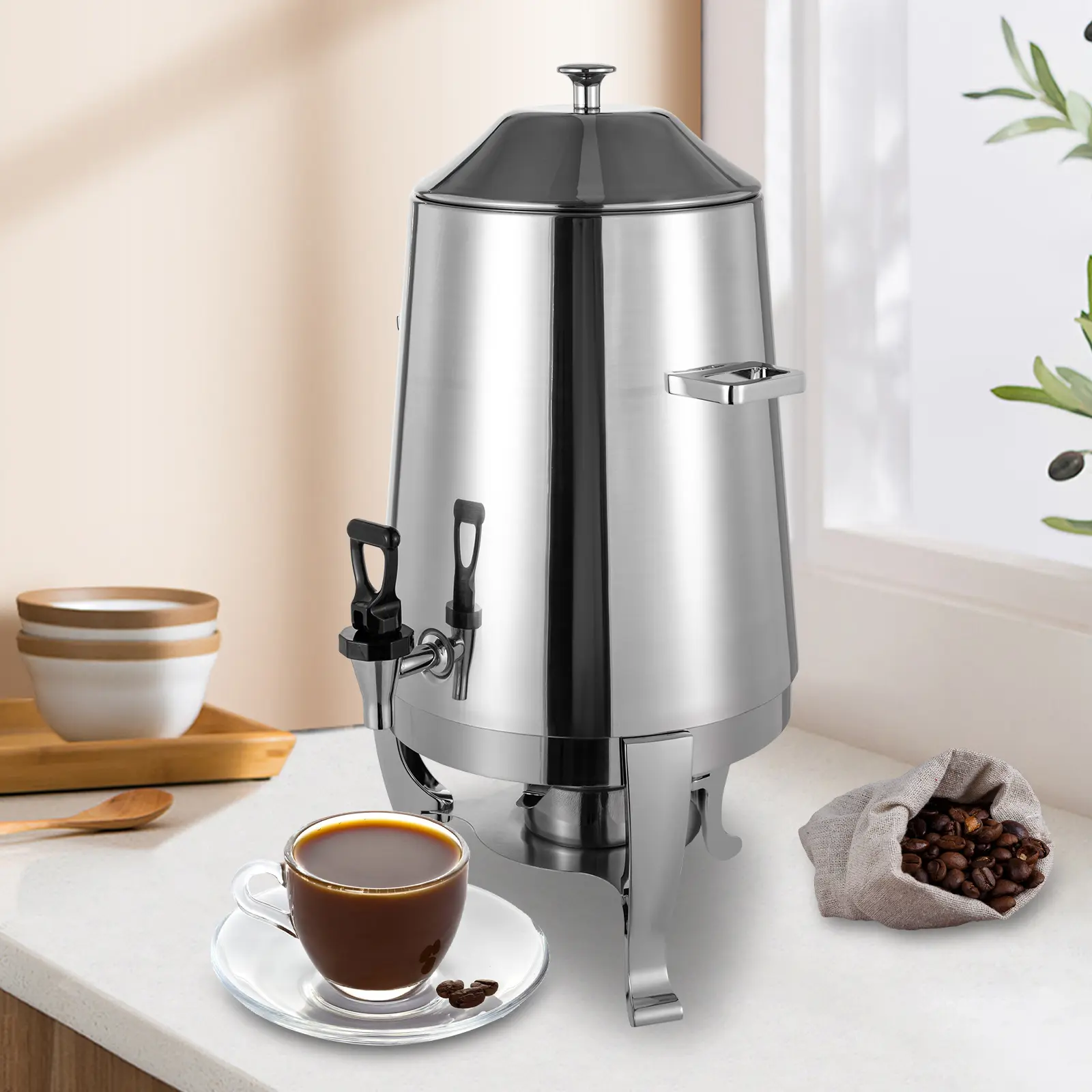 Silver Stainless Steel Electric Hot Beverage Dispenser - 3.43gal(13L), 400W, 95-185℉ Heating Board, 1 Fuel Tray, Dual Fuel-Electric Heating, 4.2kg, Electrolytic Polishing, Electroplating, Free Standing, 27*27*56cm, for Home, Restaurants, Hotel, Aluminum A