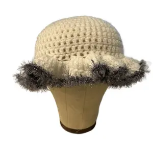 Cloudy Daze Ruffle Bucket Hat - White Crochet Design with Grey Tinsel Trim for Stylish Appeal