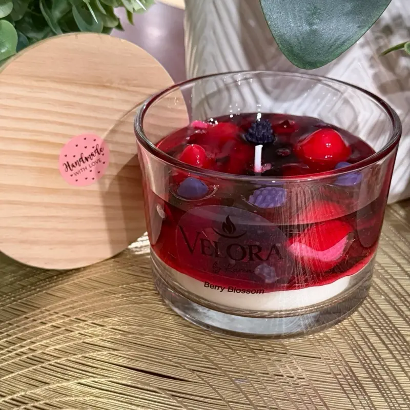 Velora Berry Blossom Candle with Fresh Berries in Glass Container for Home Decor and Aromatherapy