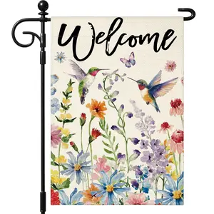 1 Piece Spring Flowers Garden Flag 12x18 Inch Double Sided for Outside Patio, Welcome Hummingbird Garden Flag for Holiday Yard Outdoor Decoration