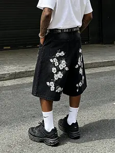 Men's Black Baggy Denim Shorts with White Floral Embroidery, Vintage Wide Leg Streetwear Jorts, Oversized Dark Wash Skater Jean Shorts, Casual