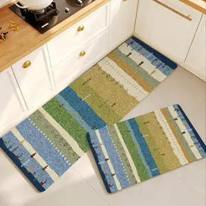 Bohemian Area Rug - Boho Tribal Non-Slip Washable Blue-Green Striped Low-Profile Runner, Southwest Native American Thin Floor Mat for Sink, Entryway, Rustic Earth-Tone Household Textile Decor