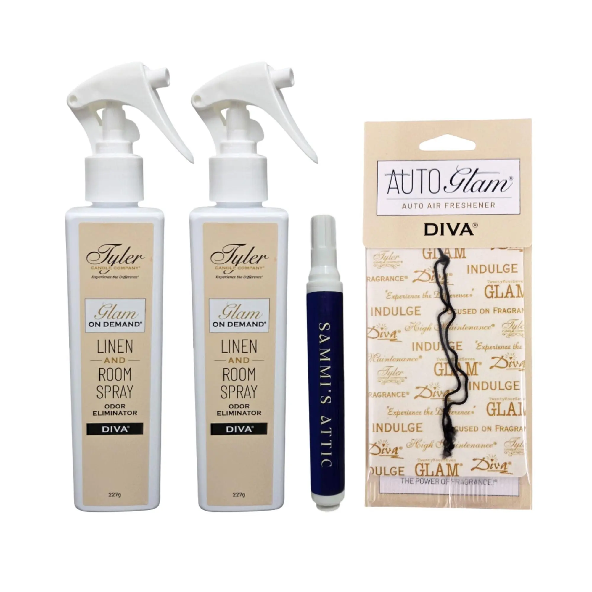 Tyler Diva Room Spray - Glam on Demand 2 Pack - Tyler Linen and Room Spray Bundle with Autoglam and Stain Remover Pen - Diva Air Freshener and Odor Eliminator