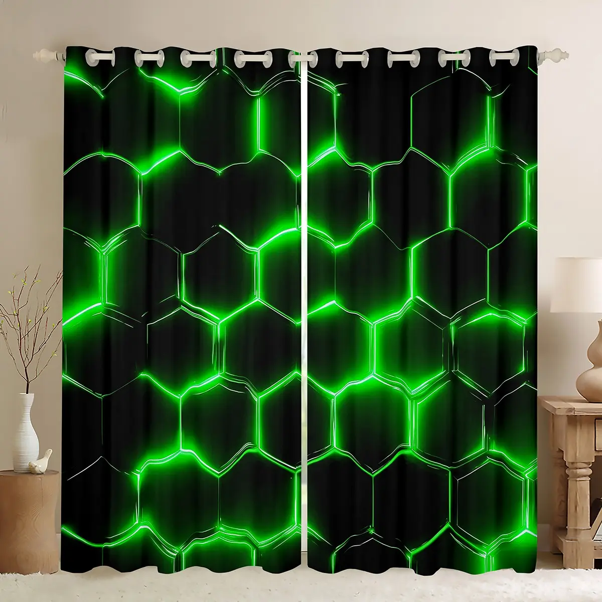 Feelyou Honeycomb Pattern Privacy Grommet Curtains - Hexagon Theme with Green Neon Lights, Black Home Decoration Curtain, Room Decor Accessory for Bedroom, Living Room, Room Decor Curtain