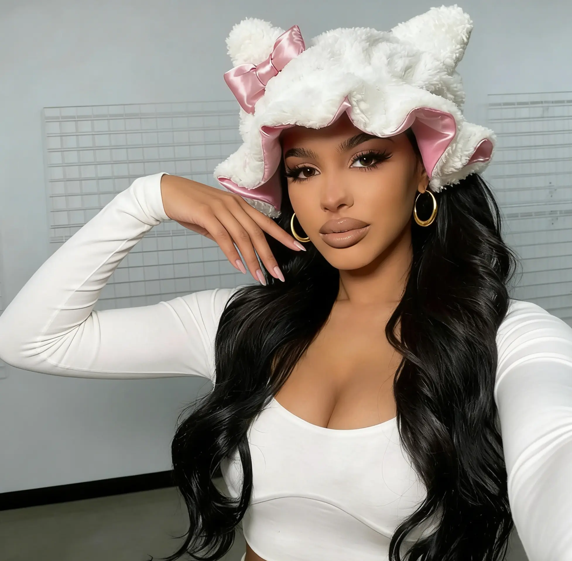 Luxury Fluffy Cute Teddy Plush Silk Bonnet, Double-Sided White & Pink Satin Lined, Soft Silky Touch Breathable Hair Bonnet Adjustable Sleep Cap Beanie Fitted Cotton Cap Embroidered Cap