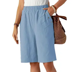 Women's Mid-Waist Shorts Summer Solid Color Loose Fit Straight-Leg Five-Point Pants with Pockets,Light blue,Medium