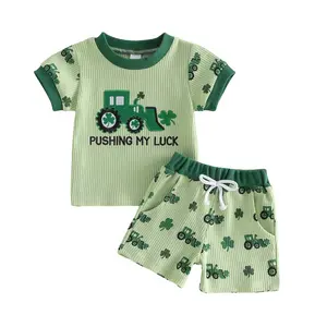 Babamoon St. Patrick's Day 2Pcs Toddler Baby Boys Irish Outfit Short Sleeve Shamrock Truck Embroidery Tops and Shorts Clothing Set 0-5 Years