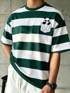 Men's green and white striped panda pocket T-shirt | Casual loose T-shirt, comfortable fabric, perfect for street wear, daily wear, and summer atmosphere, fashionable and cute panda pattern