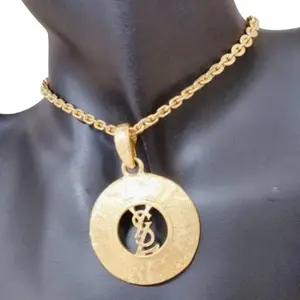 Pre-owned YSL Metal Necklace Yves Saint Laurent 30" Pendant Logo Rare Gold Plated #1532