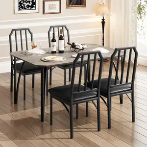 Compact Dining Table Set for Small Spaces Includes 4 Chairs with Metal & Wood Cushion Seats Chamfer Design for Apartments Kitchens Brown Black Grey Colors