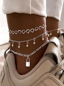 3pcs/set Women's Fashion Hollow Out Heart Lock Charm Anklet, Casual Trendy Multilayer Anklet, Layered Anklet, Body Jewelry For Women & Girls, Fashionable Jewelry, Fashion Cool Accessories