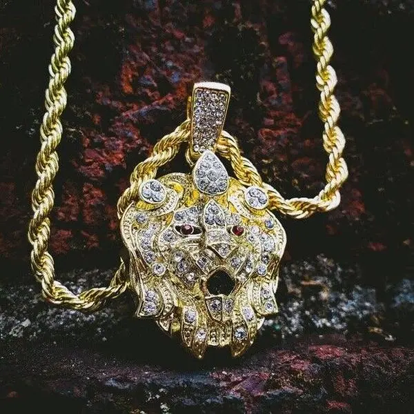 MaxBling81 Lion Head Cubic Zirconia Pendant Hip Hop Style Costume Jewelry, 4mm Metal Coating Rope Chain (18in, 20in, 24in), Unisex Daily Wear, Halloween Gift, 30Mm X 35Mm