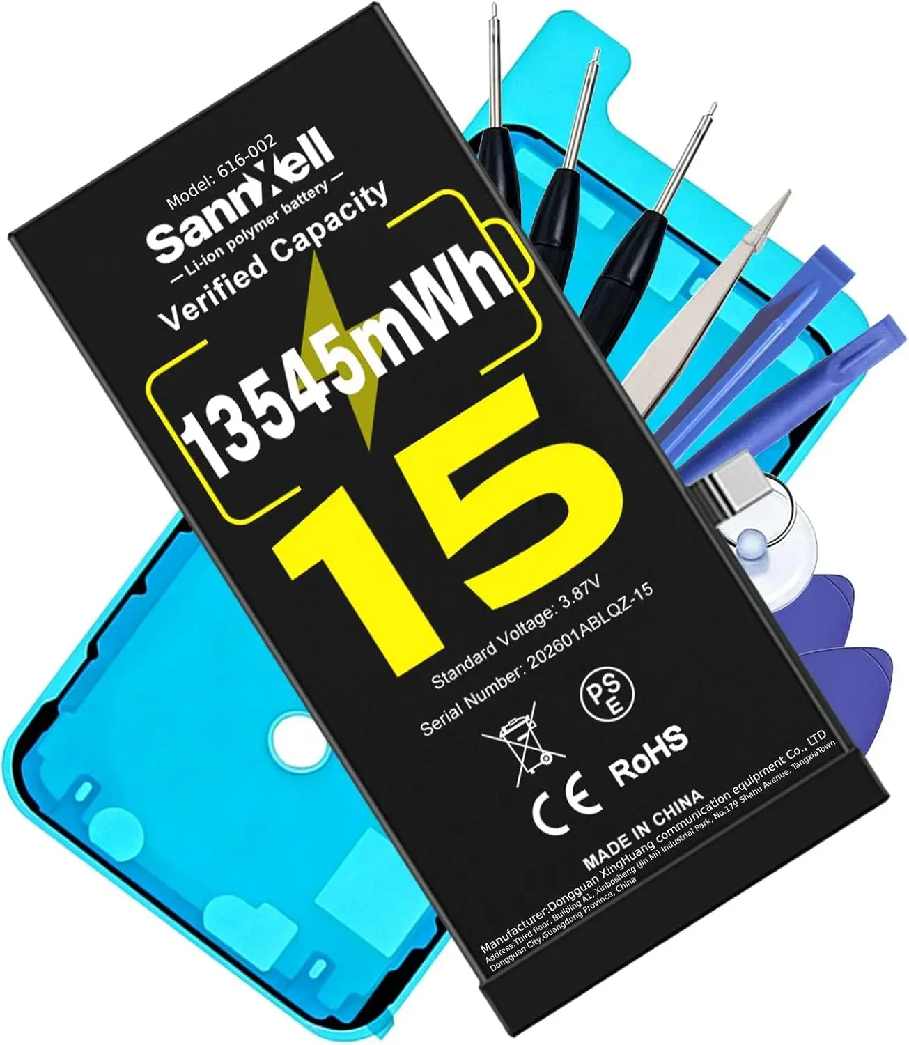 SannXell Upgraded High-Capacity Lithium Ion iPhone Battery Accessories for iPhone 15 Replacement (13545mWh, 0-Cycle, Secure Fit, Advanced Safety Technology, Auto Power-Lock Technology) Fits A2846 A3089 A3090 A3091 A3092 Models with Full Repair Tool Kit