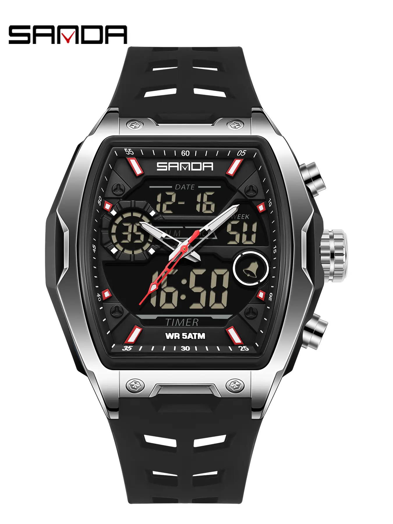 Sanda Student Tonneau Digital Watch, Multi-Function 3 Time Zone, Countdown Alarm, Hourly Chime, Week Date, Snooze, Luminous, Waterproof, Sports Watch