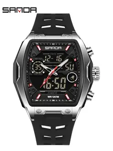 Sanda Student Tonneau Digital Watch, Multi-Function 3 Time Zone, Countdown Alarm, Hourly Chime, Week Date, Snooze, Luminous, Waterproof, Sports Watch
