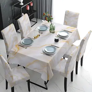 5/7 Pcs 2D Flat Light White Gold Marble Vein Print Tablecloth & Chair Cover Set, Stretch Washable Removable Dining Chair Slipcover, Dining Chair Covers, Minimalist Design Luxury Modern Home Dining Banquet Party Decor