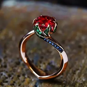 1Pc Elegant Rose Shaped Synthetic Red Garnet Ring, Dainty Fashion Wedding Engagement Band, Luxury Adjustable Finger Jewelry for Teen Girls Women Daily Party Anniversary Gift
