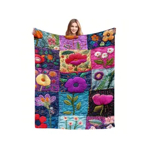 Vibrant Hand-Embroidered Floral Patchwork Throw Blanket